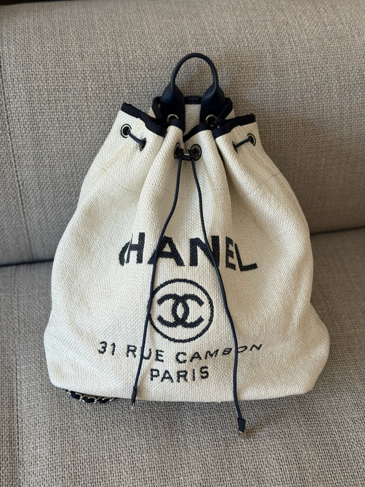 Chanel White Straw Deauville Backpack