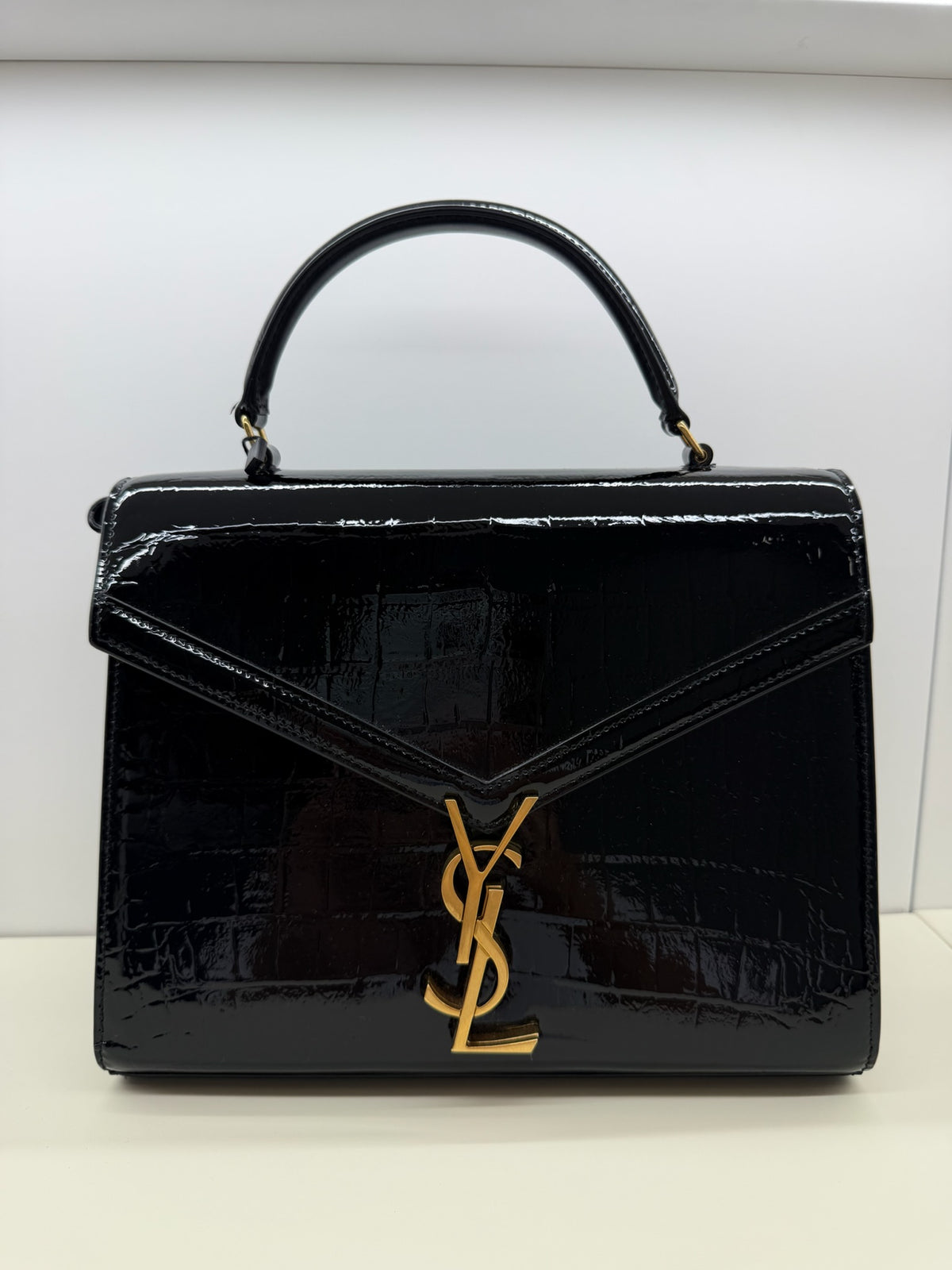 Saint Laurent Calfskin Crocodile Embossed Medium Classic Monogram Cassandra Top Handle Black