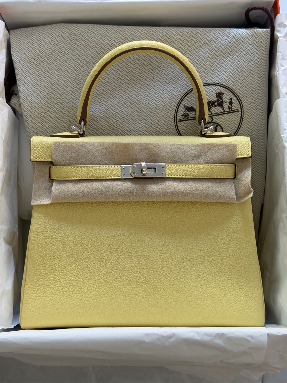 Hermes Kelly 25 Jaune Poussin Togo Leather Palladium Hardware
