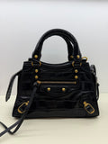 Balenciaga Shiny Supple Calfskin Crocodile Embossed Neo Classic Gold Hardware Mini City Black
