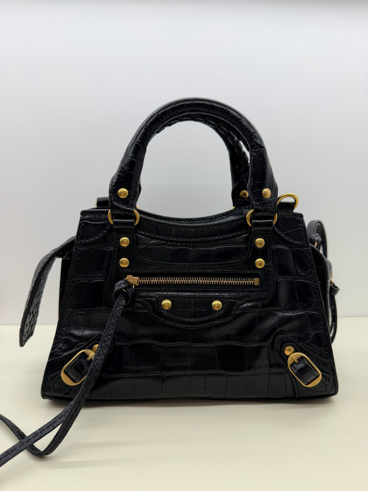 Balenciaga Shiny Supple Calfskin Crocodile Embossed Neo Classic Gold Hardware Mini City Black