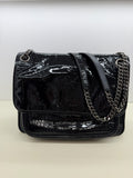 Saint Laurent Patent Crocodile Embossed Lambskin Monogram Baby Niki Chain Satchel Black
