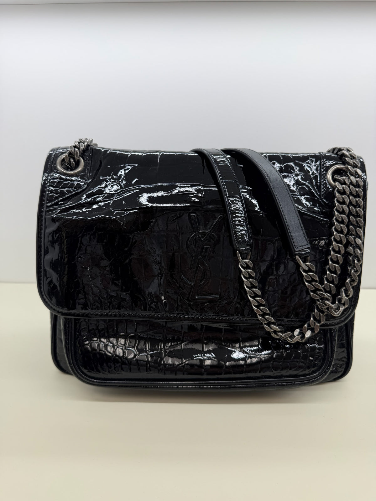 Saint Laurent Patent Crocodile Embossed Lambskin Monogram Baby Niki Chain Satchel Black